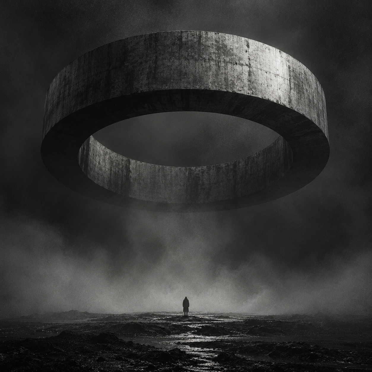 A dark monolithic ring above a lone figure