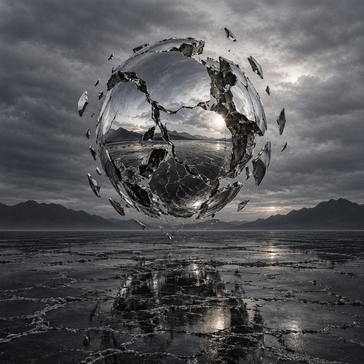 Fractured chrome sphere over a dark landscape